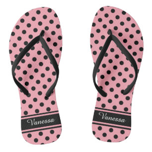 Retro Black Polka Dots Monogramm Flip Flops