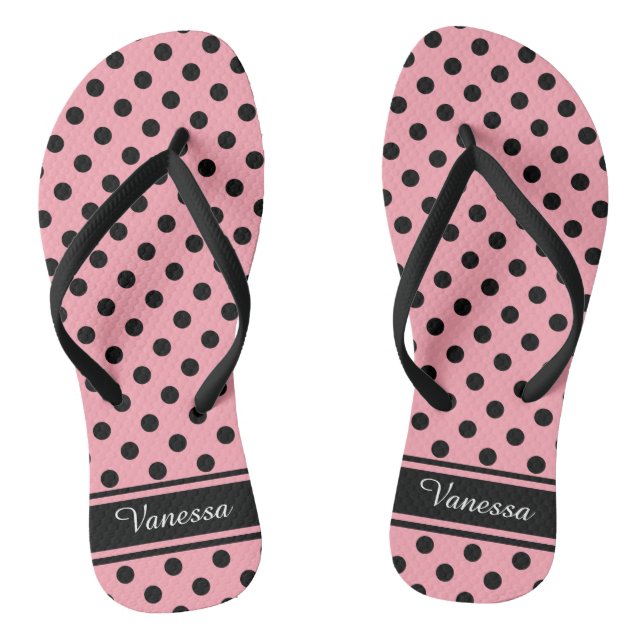 Retro Black Polka Dots Monogramm Flip Flops (Fußbett)