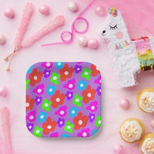 Retro Black Rainbow Farbige Blume Muster Pappteller