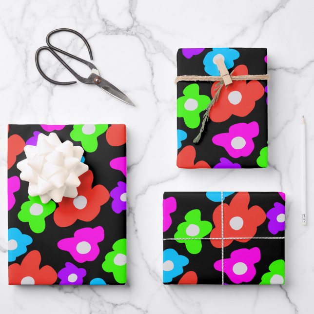 Retro Black Rainbow Stolz Blume Muster Geschenkpapier Set (Vorderseite)