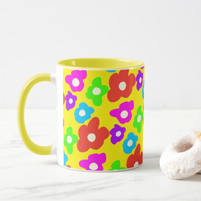 Retro Black Rainbow Stolz Blume Muster Tasse (Mit Donut)