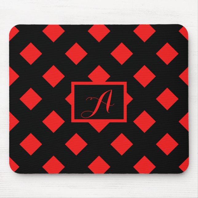 Retro Black & Red Diamond Muster Monogramm Mousepad (Vorne)