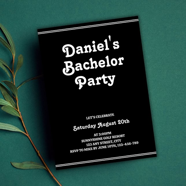 Retro Black Simple Groovy Bachelor Party Einladung (Retro Black Simple Groovy Stylish Bachelor Party Invitation)