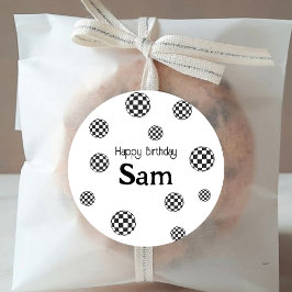 Retro Black & White Checkered Happy Geburtsname Runder Aufkleber