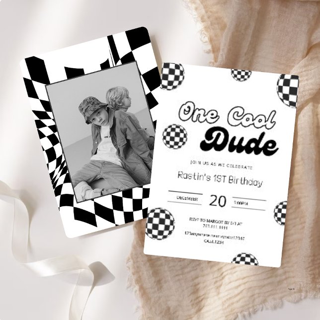 Retro Black & White Checkered Muster 1. Geburtstag Einladung (Von Creator hochgeladen)