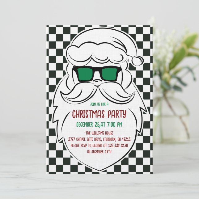 Retro Black White Checkered Santa Claus Christmas  Einladung (Stehend Vorderseite)