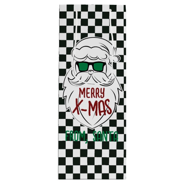 Retro Black White Checkered Santa Claus Christmas  Geschenktüte Für Weinflaschen (Vorderseite)