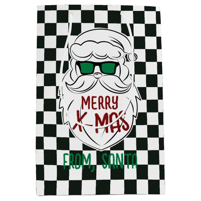 Retro Black White Checkered Santa Claus Christmas  Mittlere Geschenktüte (Vorderseite)