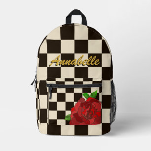 Retro Black & White Chessboard Karo Rote Rose Bedruckter Rucksack