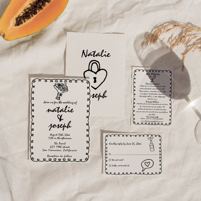 Retro Black & White Hand Drawn Quirky Wedding Einladung (Von Creator hochgeladen)