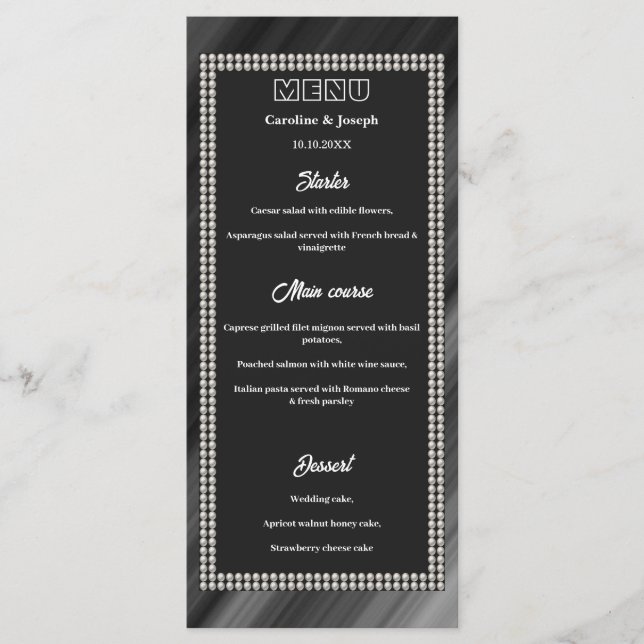 Retro Black & White, Pearls Wedding Menu Menükarte (Vorderseite)