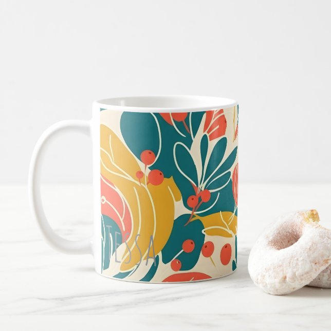Retro-Blatt- und Beeren-Botanische Kunst Kaffeetasse (Mit Donut)