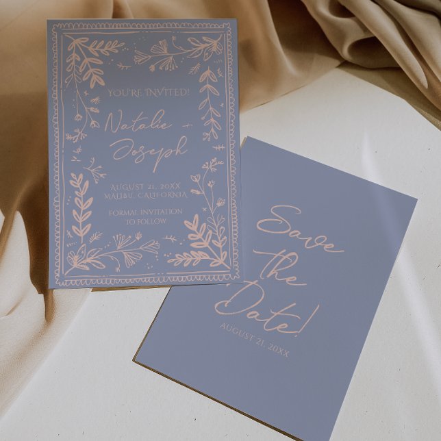 Retro Blau Creme Gezeichneter Blumengarten Save Th The Date (Von Creator hochgeladen)