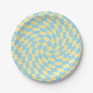 Retro Blau Gelbe Kontrollierte Schachbrettverzerru Pappteller
