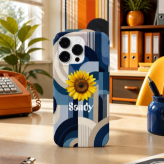 Retro Blau Geometrisches Sonnenblumen iPhone Case