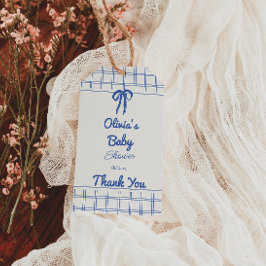 Retro Blau Handgezeichnetes Gingham-Schleife Baby Geschenkanhänger