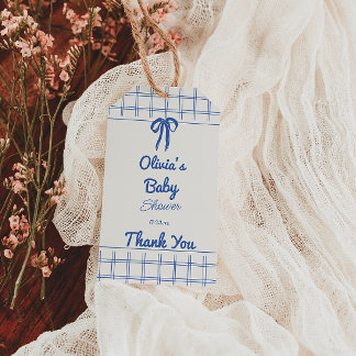 Retro Blau Handgezeichnetes Gingham-Schleife Baby  Geschenkanhänger