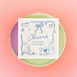 Retro-Blau handgezeichnetes illustriertes Brautpar Serviette