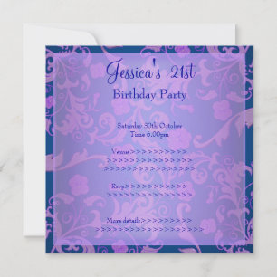 Retro Blau Lila Metallisch Floral 21. Geburtstag 1 Einladung