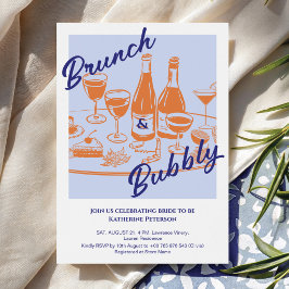 Retro blau orange „Brunch & Bubbly“ Brautparty Einladung