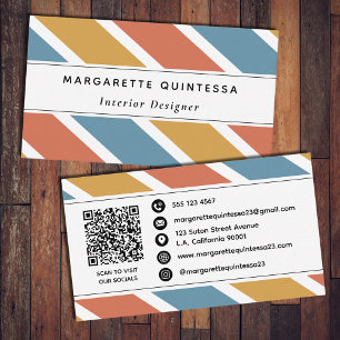 Retro Blau Orange und Gelb Streifen Muster qr Code Visitenkarte
