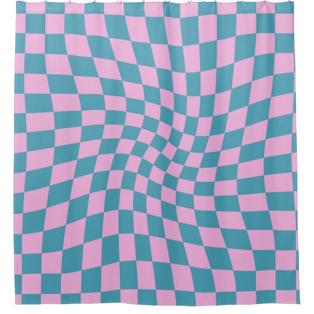 Retro Blau rosa Karo verschleiert Duschvorhang (Vorderseite)