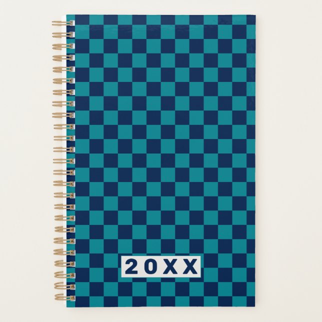 Retro Blau Türkis Schachbrett Planer (Vorderseite)