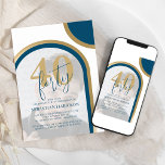 Retro Blau und Gold 40. Foto Geburtstag Einladung<br><div class="desc">Diese minimalistisch Retro 40. Geburtstagseinladungen sind perfekt für einen Geburtstag. Die Einladungen sind mit einem Retro-Thema in Blau- und Goldtönen gestaltet. Eine moderne Geburtstagsfeier-Einladung über Ihr Foto gerahmt mit Arkaden in modernen Blau- und Goldtönen. Die Stile und die Farbe des Schriftartes können geändert werden, indem Sie nach der Personalisierung auf...</div>