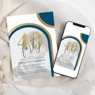 Retro Blau und Gold 40. Foto Geburtstag Einladung