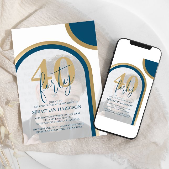 Retro Blau und Gold 40. Foto Geburtstag Einladung (Von Creator hochgeladen)