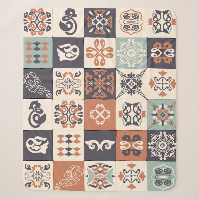 Retro Blau, weiß und orange Azulejos Pattern Lisb Sherpadecke (Vorderseite)