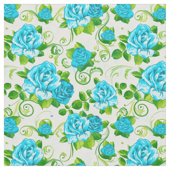 Retro Blau & Weiße Rosen Blumenmuster 2 Gewebe Stoff (Nahaufnahme)