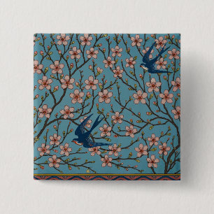 Retro-blaue Blumen-Schwalben-Muster von Walter Cra Button