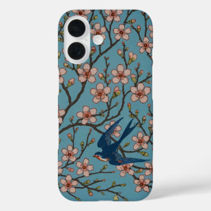 Retro-blaue Blumen-Schwalben-Muster von Walter Cra iPhone 16 Hülle