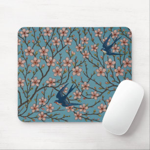 Retro-blaue Blumen-Schwalben-Muster von Walter Cra Mousepad