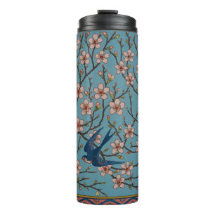 Retro-blaue Blumen-Schwalben-Muster von Walter Cra Thermosbecher
