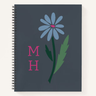 Retro Blaue Blumige Rosa Monogramm Schiefergrau Notizbuch