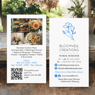 Retro-blaue minimalistisch-floristische Fotos qr-C Visitenkarte