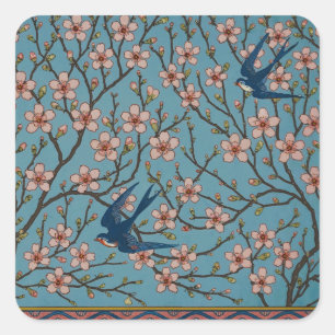 Retro-blaue Schwalbenmuster von Walter Crane Quadratischer Aufkleber