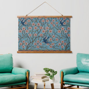 Retro-blaue Schwalbenmuster von Walter Crane Wandteppich Mit Holzrahmen