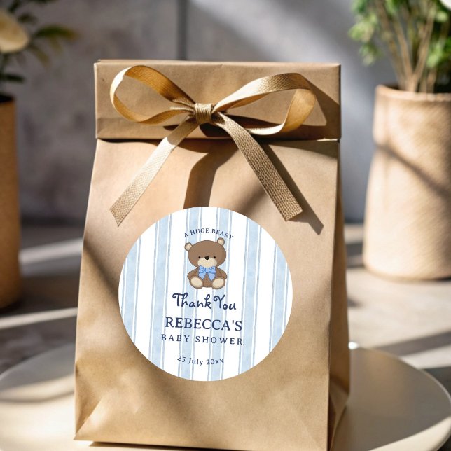 Retro blaue Streifen Teddy Bär Baby Dusche Gefalle Runder Aufkleber (Retro blue stripes teddy bear vintage baby shower personalized favor stickers)