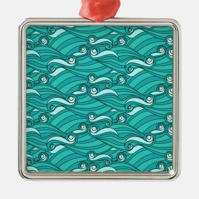 Retro-blaue Wellen doodle surf art Silbernes Ornament (Vorne)