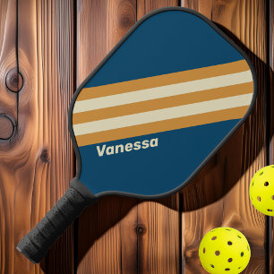 Retro Blaue Wellenstreifen mit Namen Pickleball Schläger