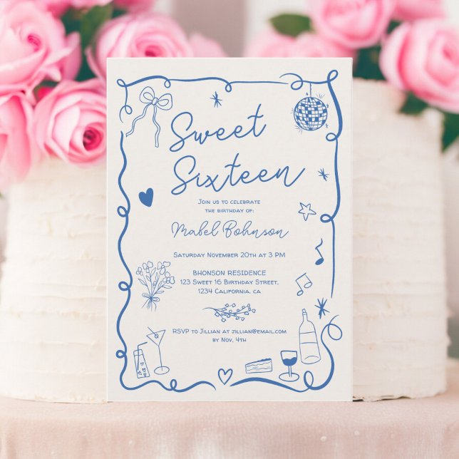 Retro blauer französischer Hand gezeichnet illustr Einladung (Retro blue French hand drawn illustrated Sweet 16 Invitation)