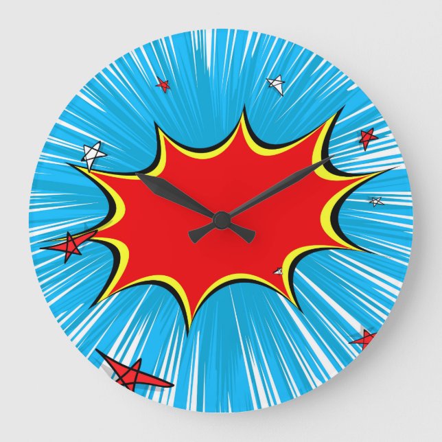 Retro Blauer und Roter Stars Comic Explosion Große Wanduhr (Vorderseite)