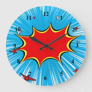 Retro Blauer und Roter Stars Comic Explosion Große Wanduhr