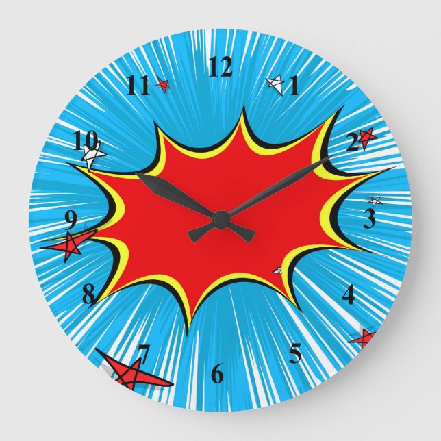 Retro Blauer und Roter Stars Comic Explosion Große Wanduhr (Vorderseite)
