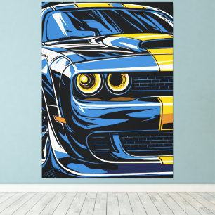 Retro Blaues Muscle Car Front Pop-Art-Illustration Leinwanddruck