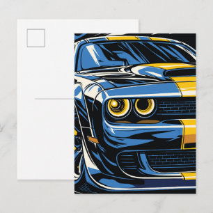 Retro Blaues Muscle-Car-Front-Pop-Art-Illustration Postkarte