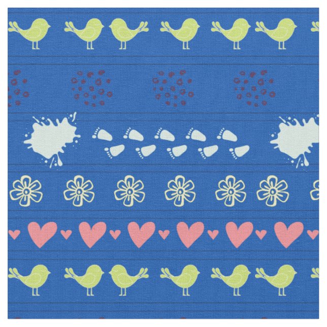 Retro-blaues Muster von Vögeln, Punkten, Stoff (Nahaufnahme)